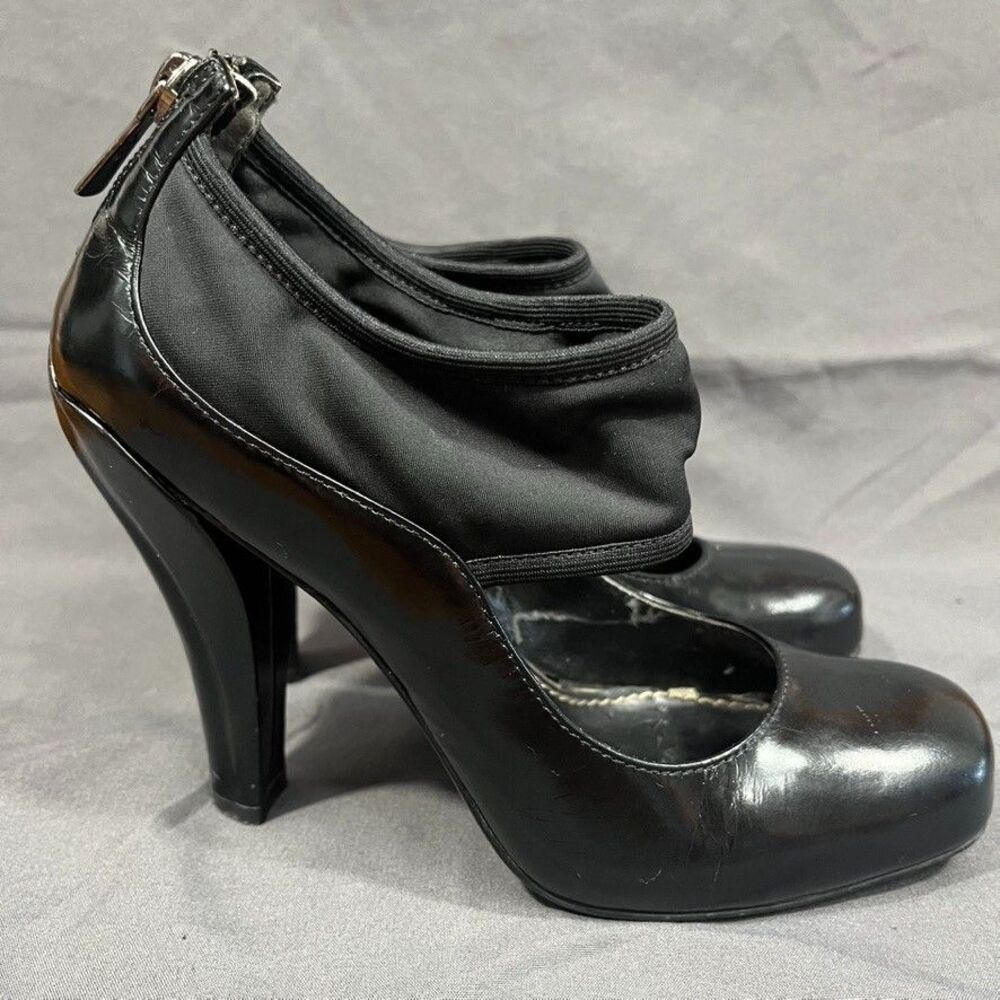 Linea Paolo Womens Black Vegan Leather Stretch Cuff Square Toe Heel Pumps Size 5